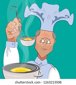 The chef in a large cap holds a ladle and tastes the soup. In the foreground is a pot of hot soup. Vector illustration