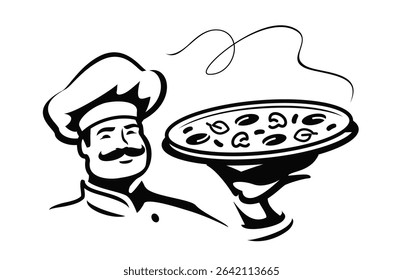 Chef with large freshly baked pizza in his hand. Male cook prepares Italian food in restaurant. Emblem for diner menu