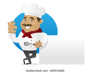 Chef leaning on blank sign isolated in white background