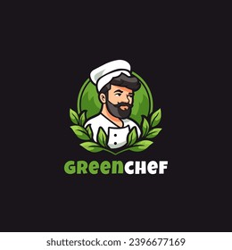 chef with leaves mascot logo design template vector icon illustration. green chef symbol