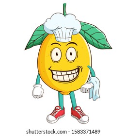 chef of lemon cartoon character bring a napkin with funny smile face