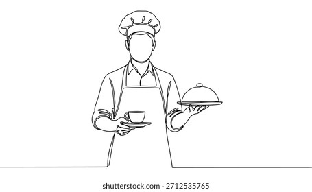 Chef Line Art Vector. Minimal Continuous Food Serving Illustration Vector