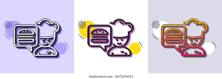 Symbol der Kochzeile. Gestricheltes Rastermuster. Farbverlaufssymbol mit Schatten. Chefkocher mit Burger-Schild. Fast Food Symbol. Line Chef Icon. Verschiedene Designs. Vektorgrafik