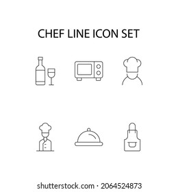 Chef line icon set. Collection of vector symbol in trendy flat style. Icons of chef, apron, bowl with cloche, microwave oven isolated on white background 