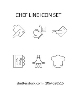 Chef line icon set. Collection of vector symbol in trendy flat style. Icons of knife, cutting board, oven mitt, chefs hat, recipe book, apron isolated on white background