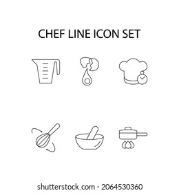 Chef line icon set. Collection of vector symbol in trendy flat style. Icons of broken egg, eggbeater, measuring container, pestle and mortar 