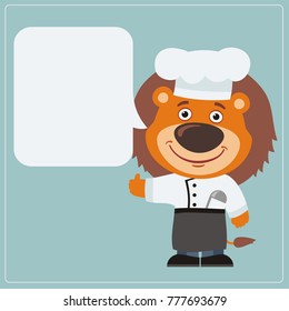 Chef lion with speech bubble in cartoon style says and shows like.