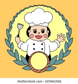 chef logo award design vector illustration yellow tone with olive leaf frame