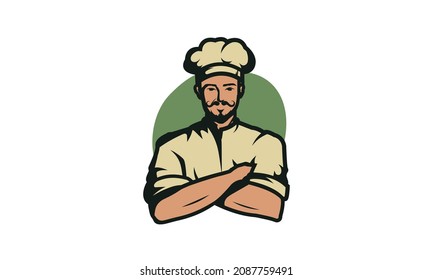 Cheflogo, Abzeichen, Etikett. Professioneller Küchenchef in Faltenstellung am Arm, einzeln auf weißem Hintergrund. Logo-Konzept des Restaurants und anderer Restaurants. Vektorgrafik