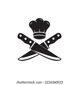 Chef logo with chef's hat and knives icons. Cooking vintage logo. Cooking Classes template logo. Label, badge for food studio, cooking courses, culinary school. Vector illustration