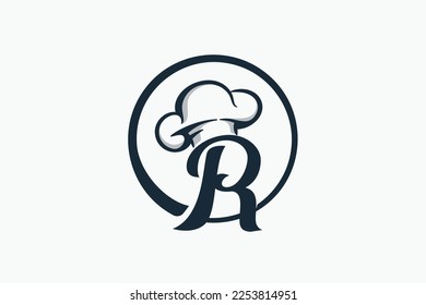 chef logo with a combination of letter r and chef hat for any business especially for restaurant, cafe, catering, etc.