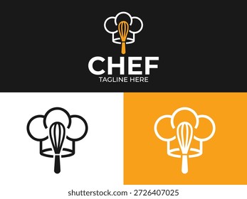 Chef Logo Design Set. Whisk in Hat and Organic Leaf Fork Vector Symbols for Restaurant and Healthy Food Branding.Chef Logo Design Set. Whisk in Hat and Organic Leaf Fork Vector Symbols for Restaurant 