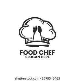 Chef logo design vector. Food logo with chef hat, fork, spoon and knife icon. Food logo design template