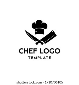 Chef logo design vector template with cross of Kitchen knife Cleaver Chef knife and Chef's hat