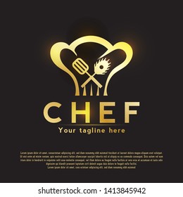 Chef logo with a fancy chef hat concept. luxury gold, can be used for restaurant icons or signs. vector illustration elements