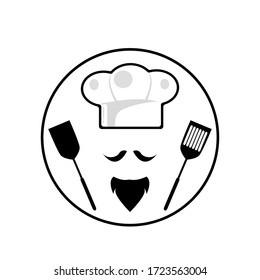 chef logo in the form of a professional chef with fur beard and cooking tools vector illustration