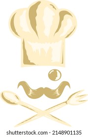 un logo del chef con sombrero y bigote, además de cubiertos