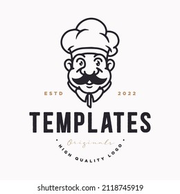 logotipo del chef en el símbolo o logotipo de sombrero y bigote, elementos dibujados a mano. vector