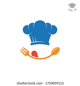 Chef logo, chef hat-spoon fork-tongue, playful modern logo style