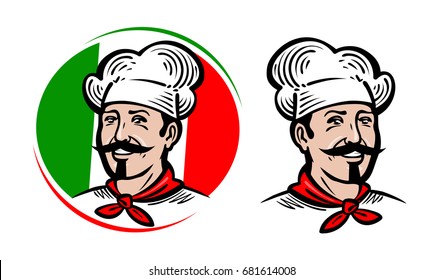 Chef, logo. Italian food, pizza, restaurant, menu label. Cartoon vector illustration