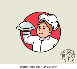 Chef logo mascot with right hand holding the dish ready to serving