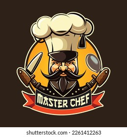 Chef logo, Logo for Restaurants and Bakeries, Big Mustache, Knife and Spoon, Master Chef with Mustache Logo