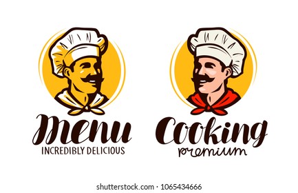 Chef logo or symbol. Meal concept. Element for menu of restaurant or cafe. Vector illustration