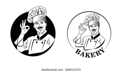 Chef logo vector. Black and wite illustration of smiling whiskered chef