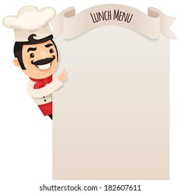 Chef Looking at Blank Menu. In the EPS file, each element is grouped separately. Isolated on white background.