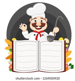 The chef looks out from behind the book for the menu and shows the class.