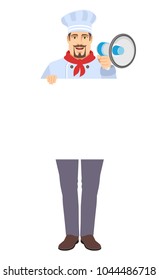 Chef with loudspeaker holding white blank poster. Full length portrait of Chef in a flat style. Vector illustration.