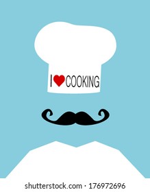 chef with i love cooking hat and mustache
