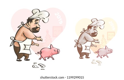 The Chef in love with funky pig (symbol of new year 2019). strange friendship. Emotional greeting card (in two options). Fun and colorful art