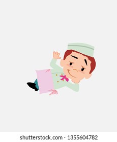 Chef lying, greets with a dreamy expression.