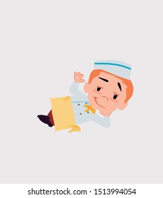 Chef lying, greets with a dreamy expression.