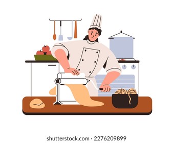 Chef makes Italian pasta with roller cutter machine. Food maker cooking fettuccine own production, rolling homemade dough at restaurant kitchen. Flat vector illustration isolated on white background