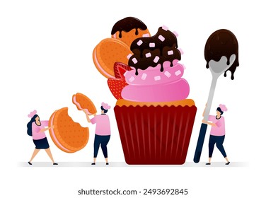 Chef makes muffins with top of rounded marie biscuits coated with melted chocolate and strawberry. Illustrations suitable for print, newspaper, cover, magazine, flyer, brochure