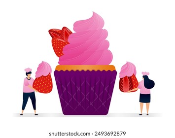 El chef prepara magdalenas con un relleno de crema de fresa rosa y fresas rojas frescas. Las Ilustraciones se pueden utilizar para pastelerías, folletos de restaurantes, Anuncios de cumpleaños