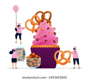 El chef prepara magdalenas con un relleno de pretzel salado salado salado y espolvorea de cereal de desayuno de chocolate. Las Ilustraciones se pueden utilizar para cubiertas de libros de cocina, Anuncios, volantes, anuncios