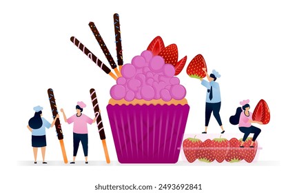 El chef prepara magdalenas con relleno de fresas frescas enteras y galletas de barra recubiertas de chocolate. Las Ilustraciones se pueden utilizar para cubiertas de libros de cocina, Anuncios, volantes, anuncios