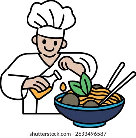 Um chef está fazendo uma tigela de macarrão com uma garrafa de molho. O chef está sorrindo e está aproveitando o processo de fazer o prato. A tigela de macarrão é preenchida com uma variedade de ingredientes