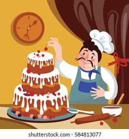 Chef is Making Cake in the Kitchen. Cartoon baker with a big cake. Fat cartoon chef. Vector illustration