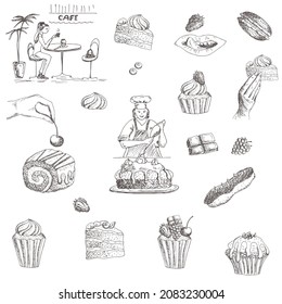 Chef making cakes, muffins. Sweet food, desserts. Girl in a cafe. Vector illustration of sweet life.