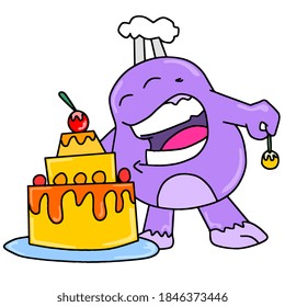 el chef prepara una deliciosa tarta de cumpleaños. emoticono de mascota de ilustraciones de dibujos animados