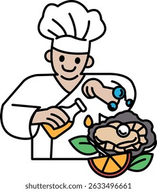 A chef is making a dish with a flower and an orange. The chef is smiling and he is happy