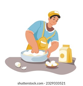 Chef haciendo masa, mezclando leche y huevos. Cocina profesional aislada en delantal y sombrero. El personal del restaurante o de la panadería trabaja con ingredientes para preparar platos y recetas. Vector en ilustración de estilo plano