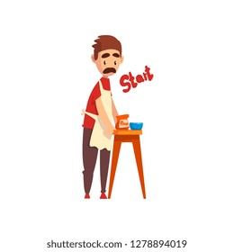 Chef making dough, pizza maker character, stage of preparing Italian pizza vector Illustration