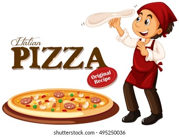 Chef making italian pizza illustration