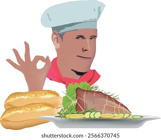 Chef making an ok gesture behind a plate of roast beef and vegetables with french bread rolls, suggesting a delicious meal