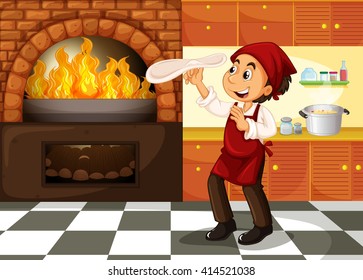 Chef making pizza at hot stove illustration